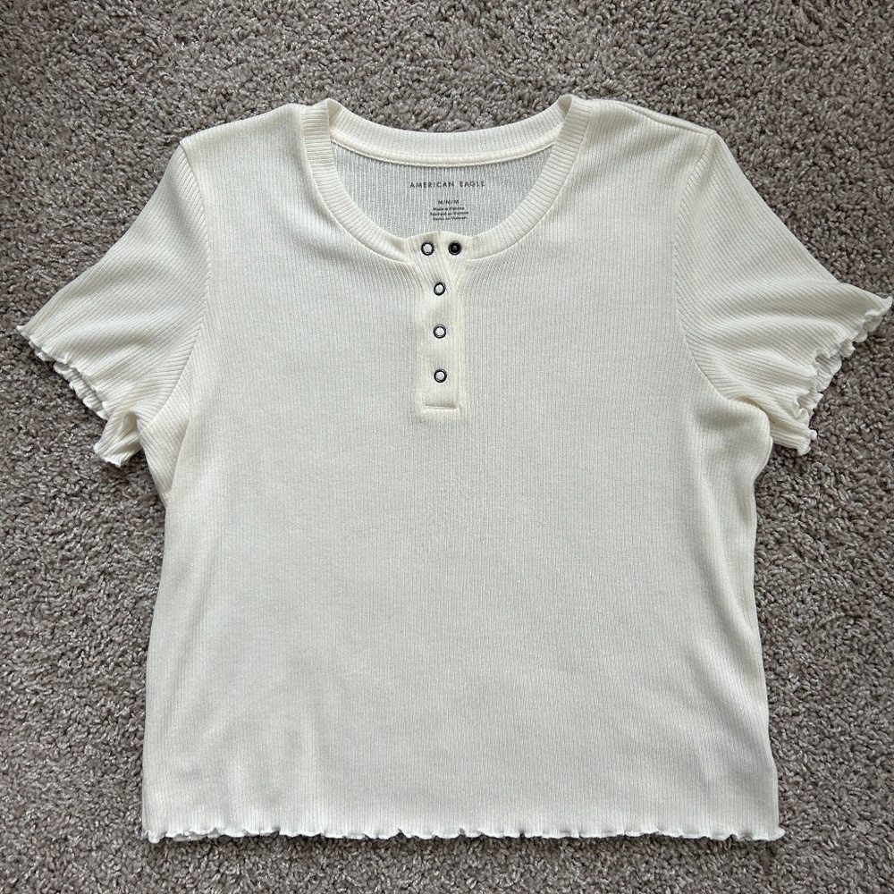 American Eagle Ribbed Lettuce Trim Baby Tee Off White Size Medium